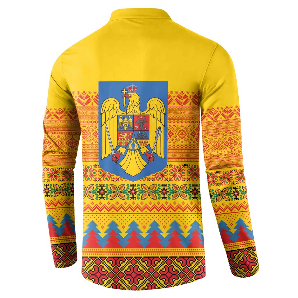 Romania Merry Christmas Button Sweatshirt Romania Emblem Traditional Folk Art - Polynesian Pride