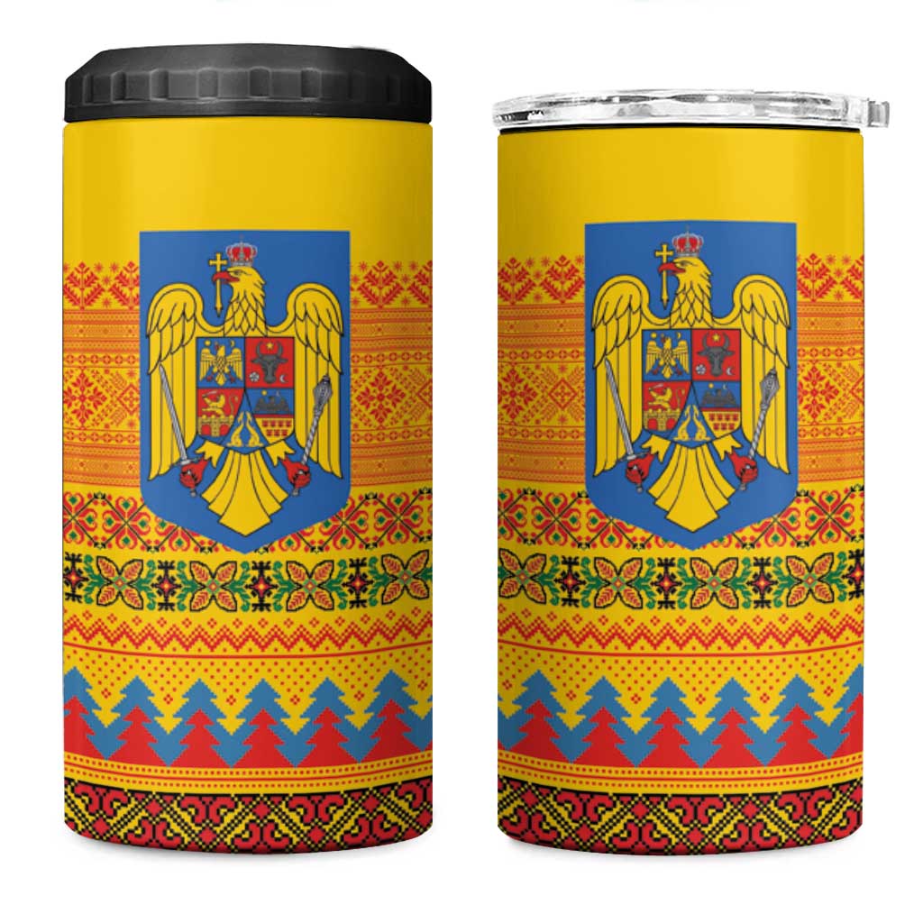 Romania Merry Christmas 4 in 1 Can Cooler Tumbler Romania Emblem Traditional Folk Art - Polynesian Pride