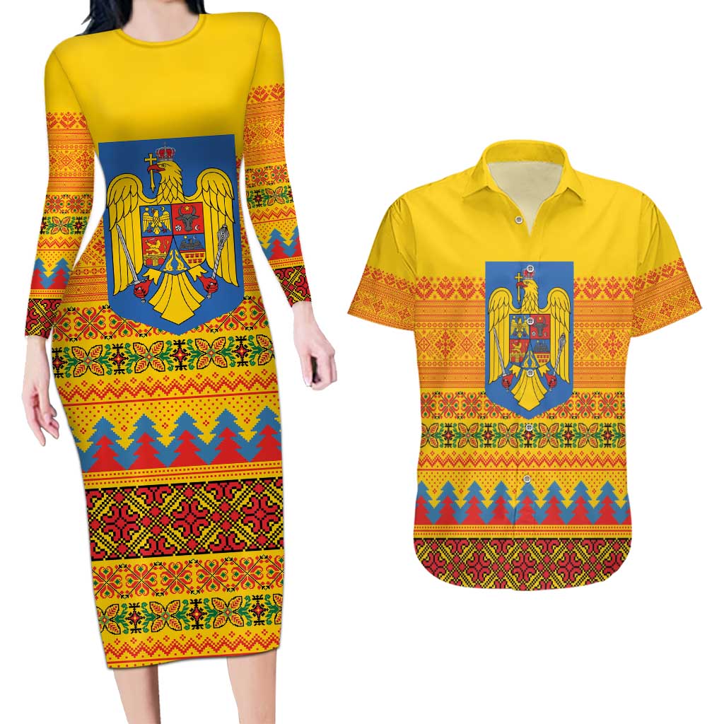Romania Merry Christmas Couples Matching Long Sleeve Bodycon Dress and Hawaiian Shirt Romania Emblem Traditional Folk Art - Polynesian Pride