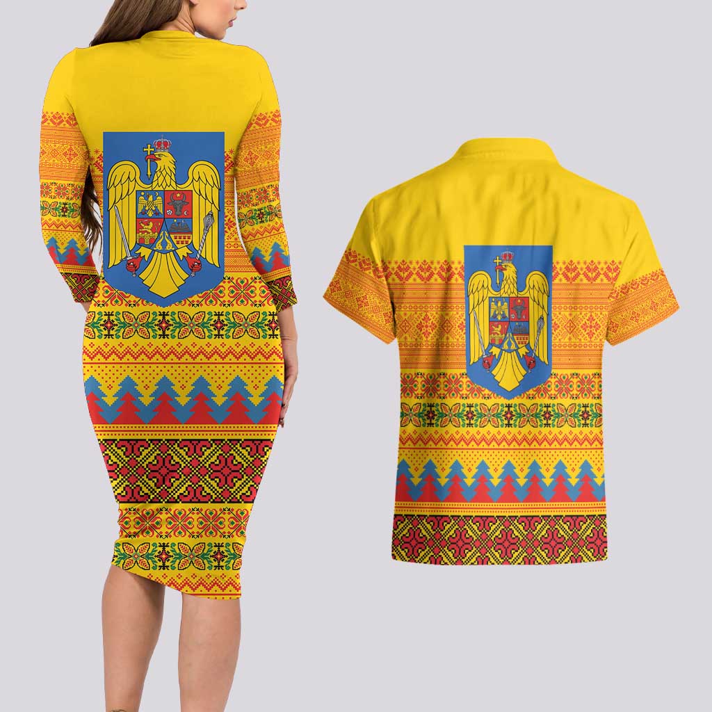 Romania Merry Christmas Couples Matching Long Sleeve Bodycon Dress and Hawaiian Shirt Romania Emblem Traditional Folk Art - Polynesian Pride