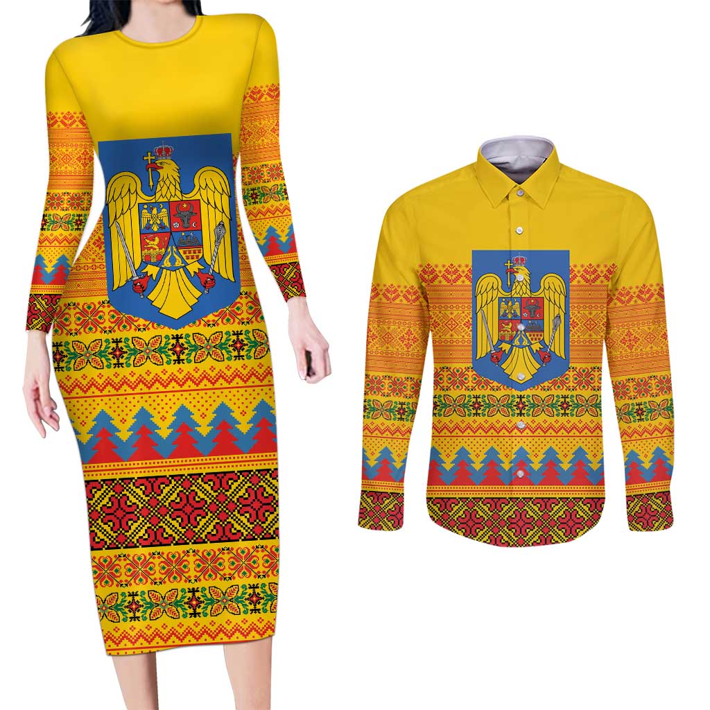 Romania Merry Christmas Couples Matching Long Sleeve Bodycon Dress and Long Sleeve Button Shirt Romania Emblem Traditional Folk Art - Polynesian Pride