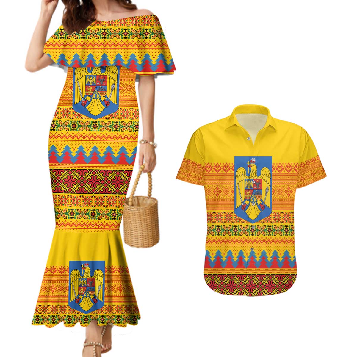 Romania Merry Christmas Couples Matching Mermaid Dress and Hawaiian Shirt Romania Emblem Traditional Folk Art - Polynesian Pride