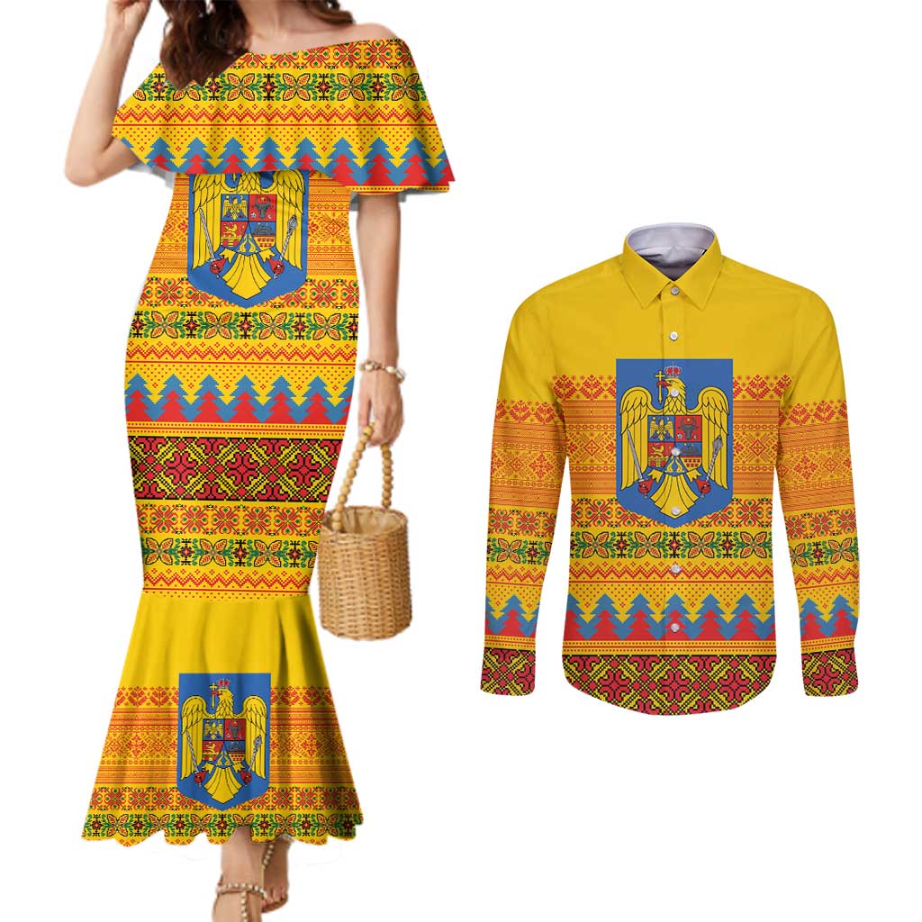 Romania Merry Christmas Couples Matching Mermaid Dress and Long Sleeve Button Shirt Romania Emblem Traditional Folk Art - Polynesian Pride