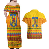Romania Merry Christmas Couples Matching Off Shoulder Maxi Dress and Hawaiian Shirt Romania Emblem Traditional Folk Art - Polynesian Pride