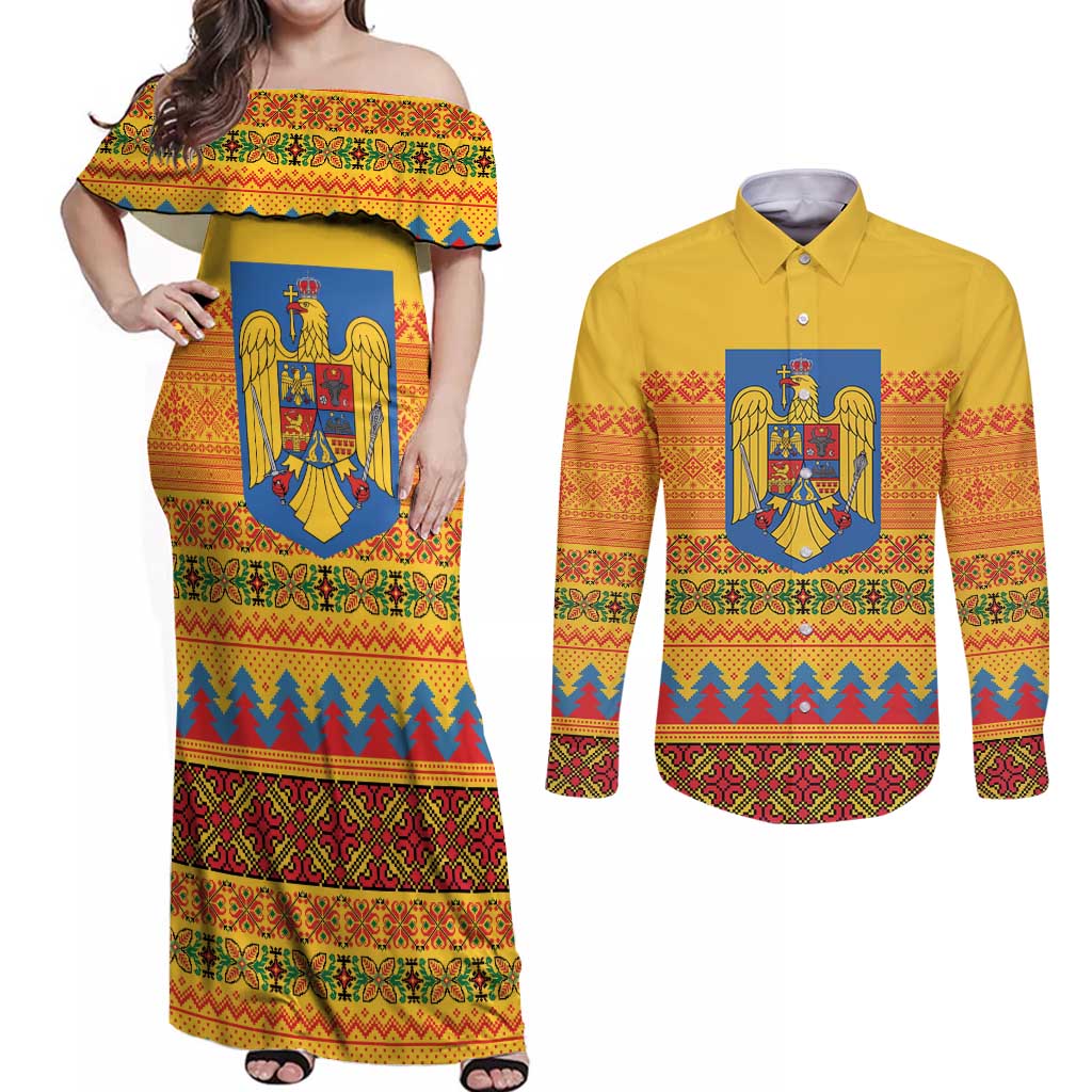 Romania Merry Christmas Couples Matching Off Shoulder Maxi Dress and Long Sleeve Button Shirt Romania Emblem Traditional Folk Art - Polynesian Pride
