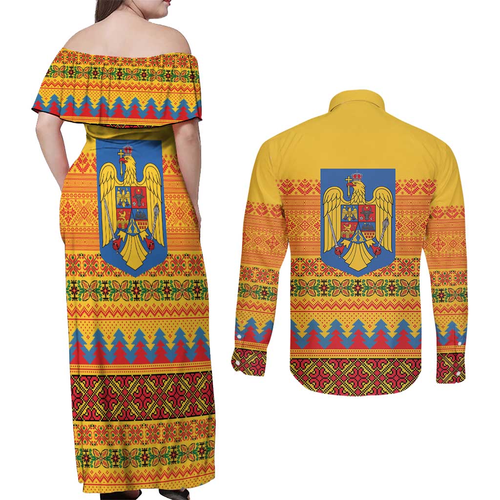 Romania Merry Christmas Couples Matching Off Shoulder Maxi Dress and Long Sleeve Button Shirt Romania Emblem Traditional Folk Art - Polynesian Pride