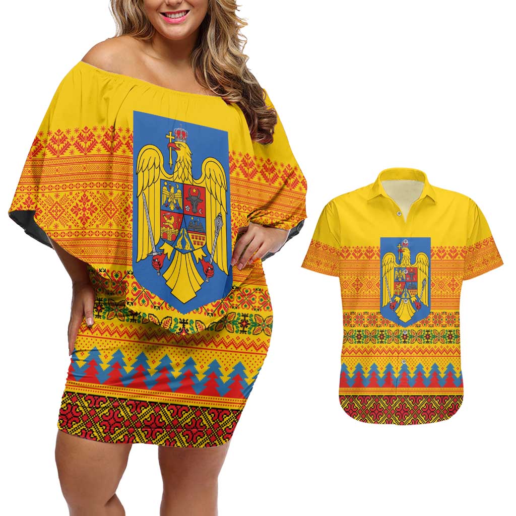 Romania Merry Christmas Couples Matching Off Shoulder Short Dress and Hawaiian Shirt Romania Emblem Traditional Folk Art - Polynesian Pride