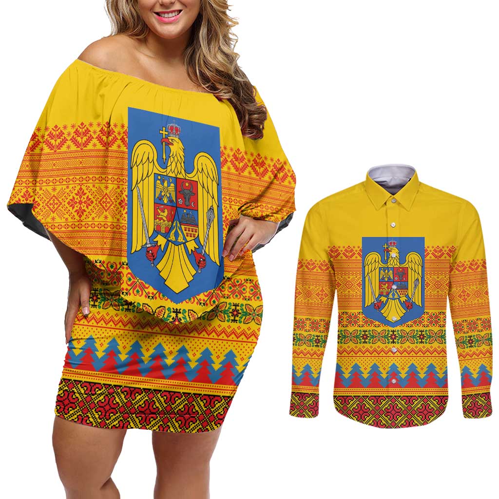 Romania Merry Christmas Couples Matching Off Shoulder Short Dress and Long Sleeve Button Shirt Romania Emblem Traditional Folk Art - Polynesian Pride