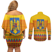 Romania Merry Christmas Couples Matching Off Shoulder Short Dress and Long Sleeve Button Shirt Romania Emblem Traditional Folk Art - Polynesian Pride
