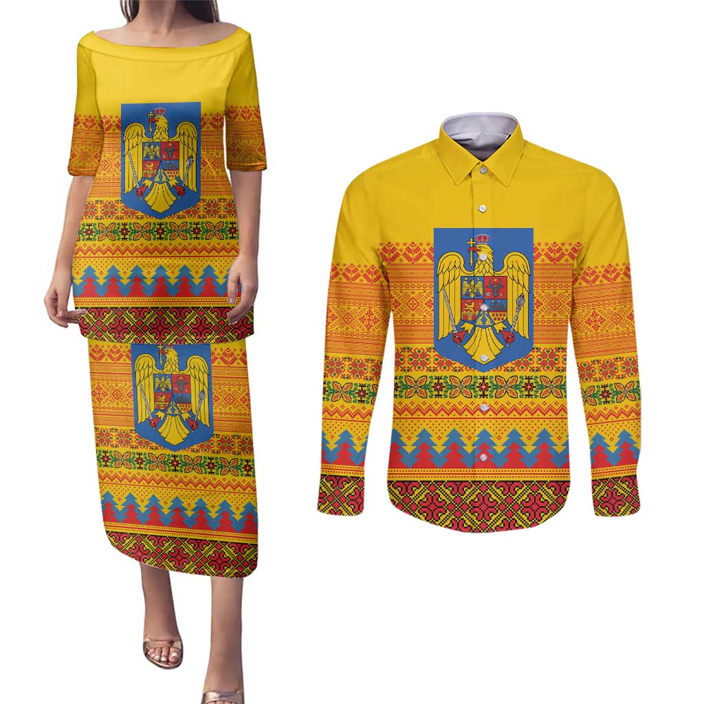 Romania Merry Christmas Couples Matching Puletasi and Long Sleeve Button Shirt Romania Emblem Traditional Folk Art - Polynesian Pride