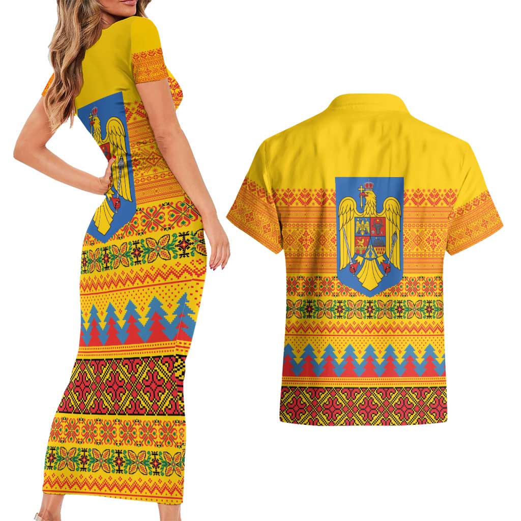 Romania Merry Christmas Couples Matching Short Sleeve Bodycon Dress and Hawaiian Shirt Romania Emblem Traditional Folk Art - Polynesian Pride