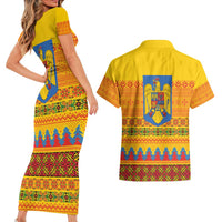 Romania Merry Christmas Couples Matching Short Sleeve Bodycon Dress and Hawaiian Shirt Romania Emblem Traditional Folk Art - Polynesian Pride