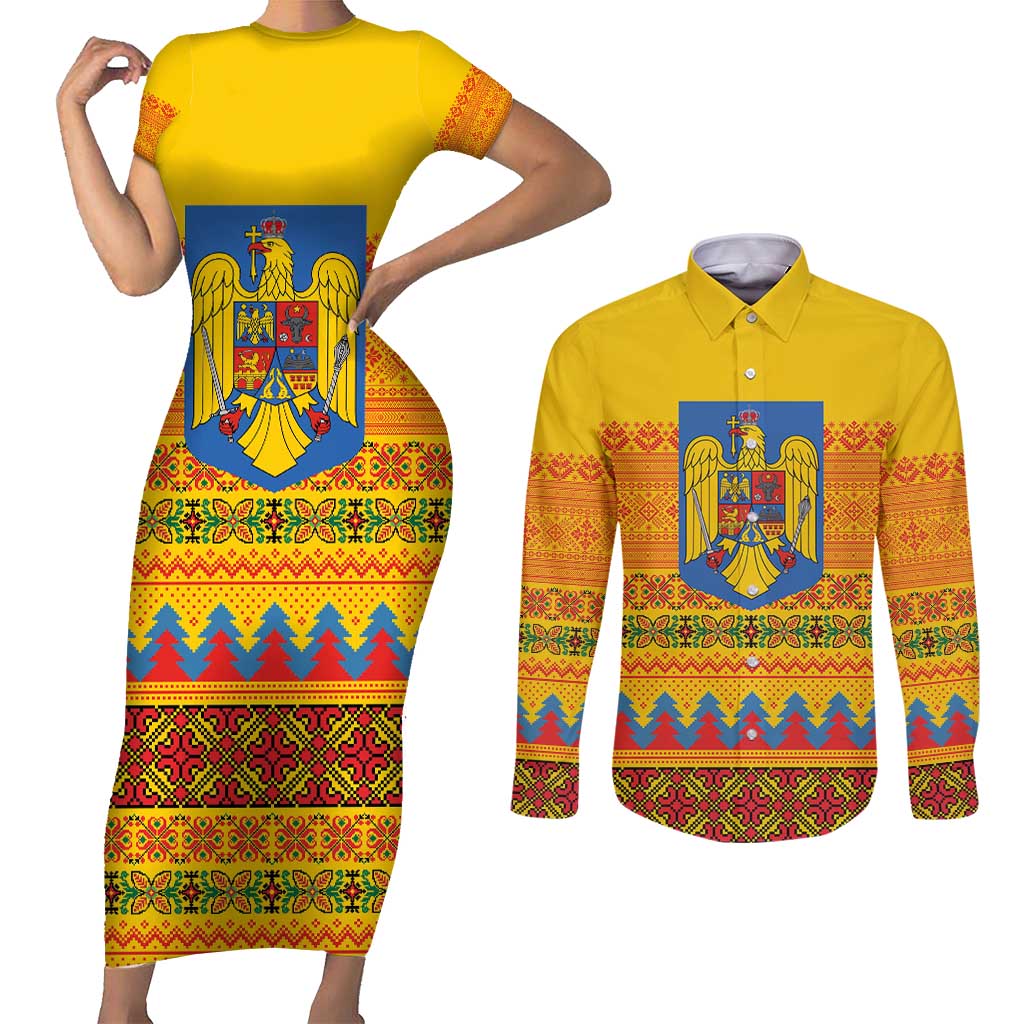 Romania Merry Christmas Couples Matching Short Sleeve Bodycon Dress and Long Sleeve Button Shirt Romania Emblem Traditional Folk Art - Polynesian Pride