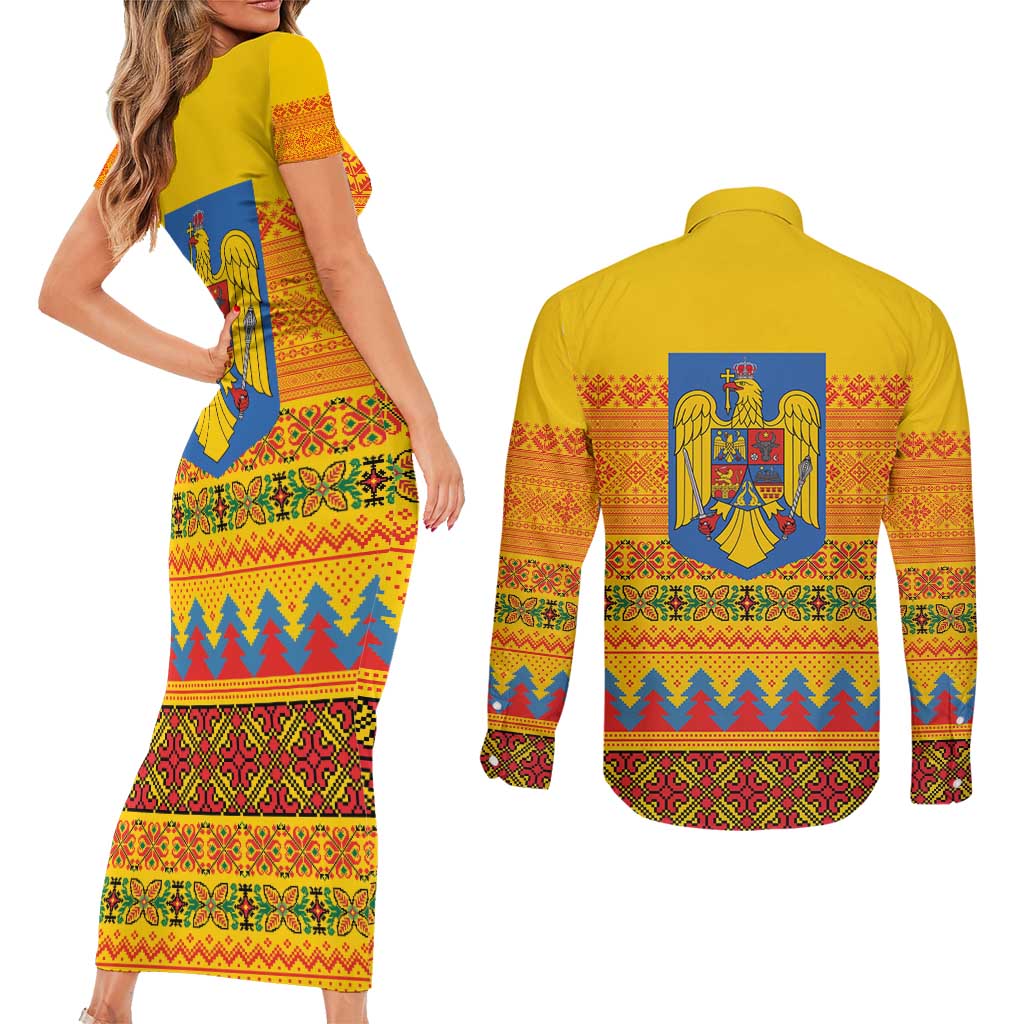 Romania Merry Christmas Couples Matching Short Sleeve Bodycon Dress and Long Sleeve Button Shirt Romania Emblem Traditional Folk Art - Polynesian Pride
