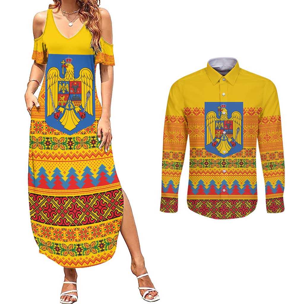 Romania Merry Christmas Couples Matching Summer Maxi Dress and Long Sleeve Button Shirt Romania Emblem Traditional Folk Art - Polynesian Pride