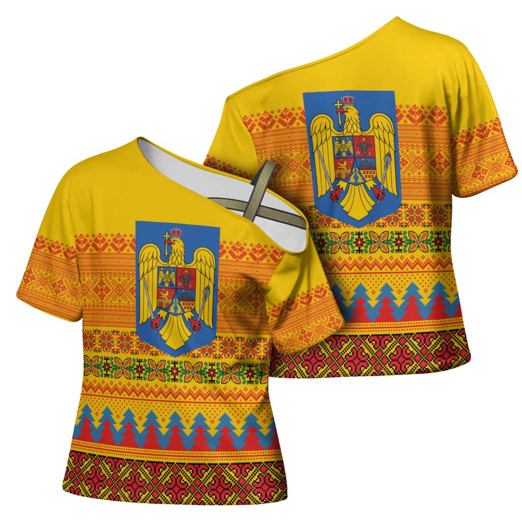 Romania Merry Christmas Cross Shoulder Shirt Romania Emblem Traditional Folk Art - Polynesian Pride