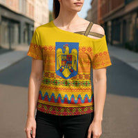 Romania Merry Christmas Cross Shoulder Shirt Romania Emblem Traditional Folk Art - Polynesian Pride