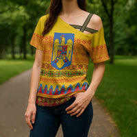 Romania Merry Christmas Cross Shoulder Shirt Romania Emblem Traditional Folk Art - Polynesian Pride