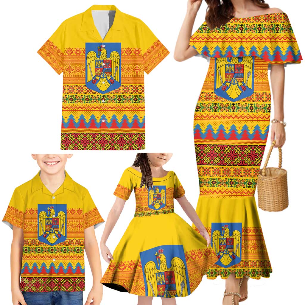 Romania Merry Christmas Family Matching Mermaid Dress and Hawaiian Shirt Romania Emblem Traditional Folk Art - Polynesian Pride