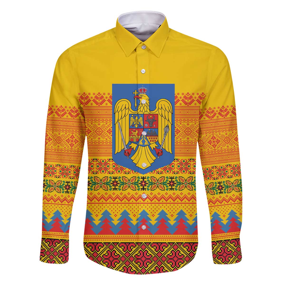 Romania Merry Christmas Family Matching Off The Shoulder Long Sleeve Dress and Hawaiian Shirt Romania Emblem Traditional Folk Art - Polynesian Pride