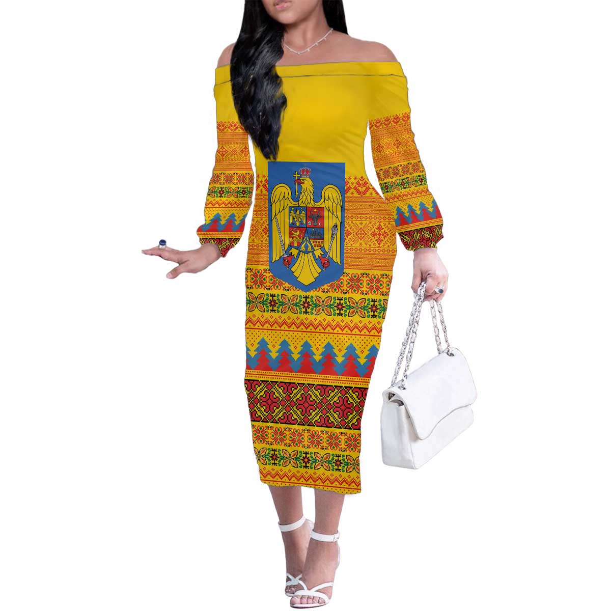 Romania Merry Christmas Family Matching Off The Shoulder Long Sleeve Dress and Hawaiian Shirt Romania Emblem Traditional Folk Art - Polynesian Pride