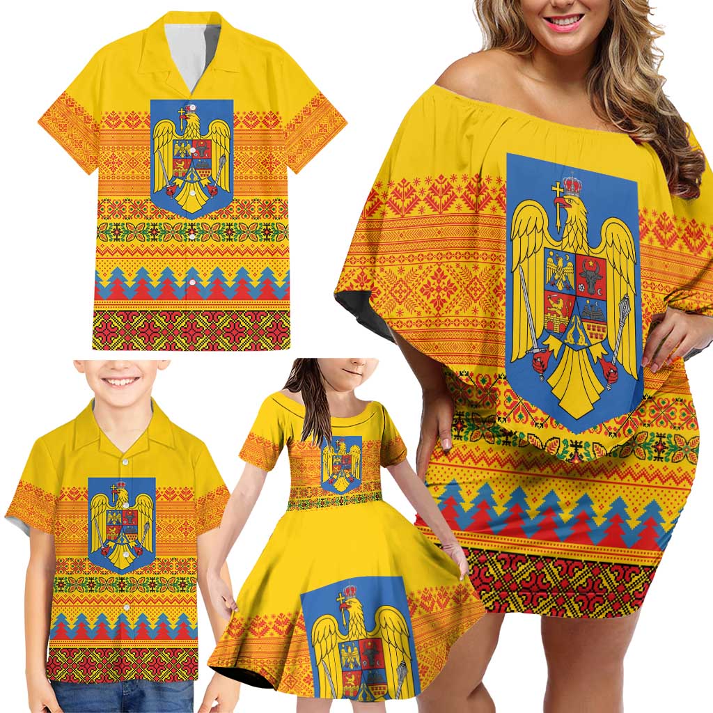 Romania Merry Christmas Family Matching Off Shoulder Short Dress and Hawaiian Shirt Romania Emblem Traditional Folk Art - Polynesian Pride