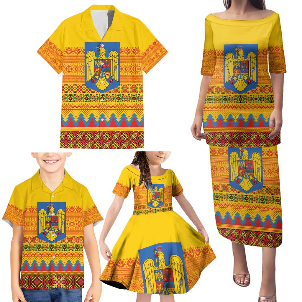 Romania Merry Christmas Family Matching Puletasi and Hawaiian Shirt Romania Emblem Traditional Folk Art - Polynesian Pride