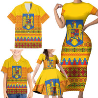 Romania Merry Christmas Family Matching Short Sleeve Bodycon Dress and Hawaiian Shirt Romania Emblem Traditional Folk Art - Polynesian Pride