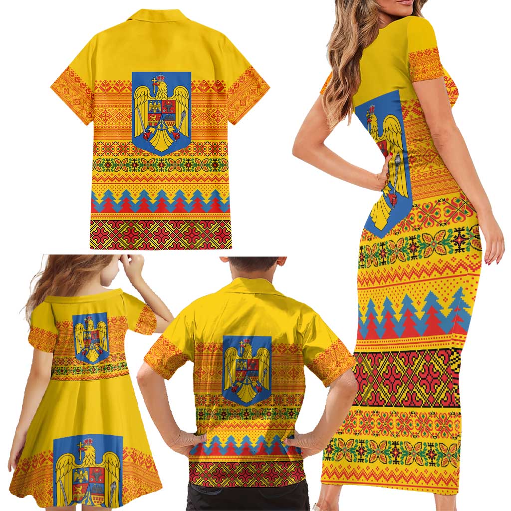 Romania Merry Christmas Family Matching Short Sleeve Bodycon Dress and Hawaiian Shirt Romania Emblem Traditional Folk Art - Polynesian Pride