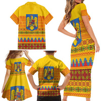 Romania Merry Christmas Family Matching Short Sleeve Bodycon Dress and Hawaiian Shirt Romania Emblem Traditional Folk Art - Polynesian Pride