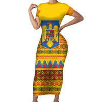 Romania Merry Christmas Family Matching Short Sleeve Bodycon Dress and Hawaiian Shirt Romania Emblem Traditional Folk Art - Polynesian Pride