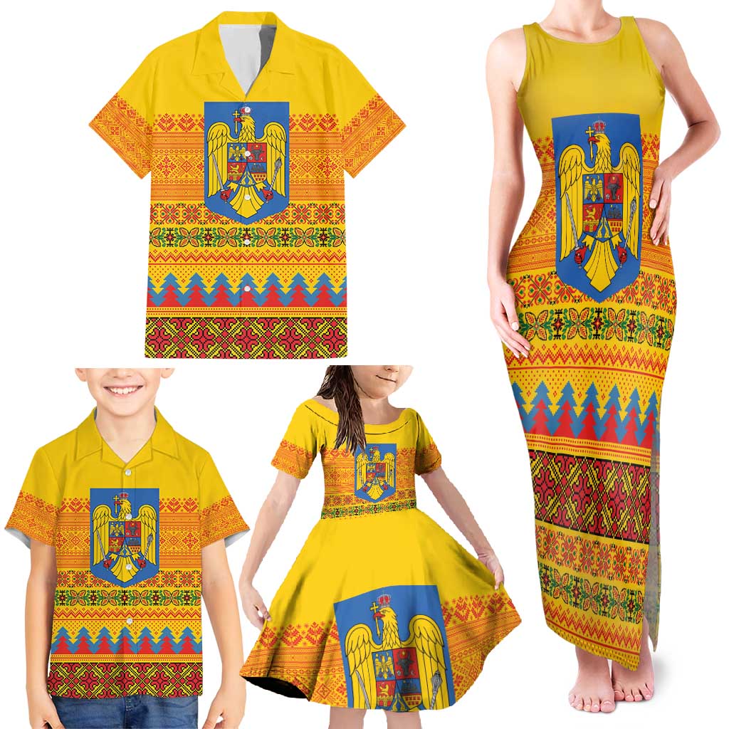 Romania Merry Christmas Family Matching Tank Maxi Dress and Hawaiian Shirt Romania Emblem Traditional Folk Art - Polynesian Pride