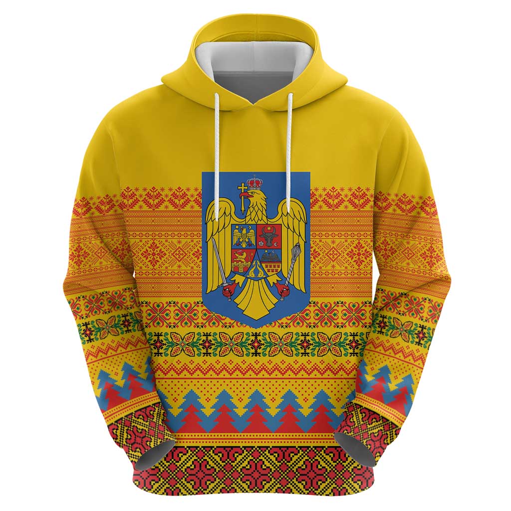 Romania Merry Christmas Hoodie Romania Emblem Traditional Folk Art - Polynesian Pride