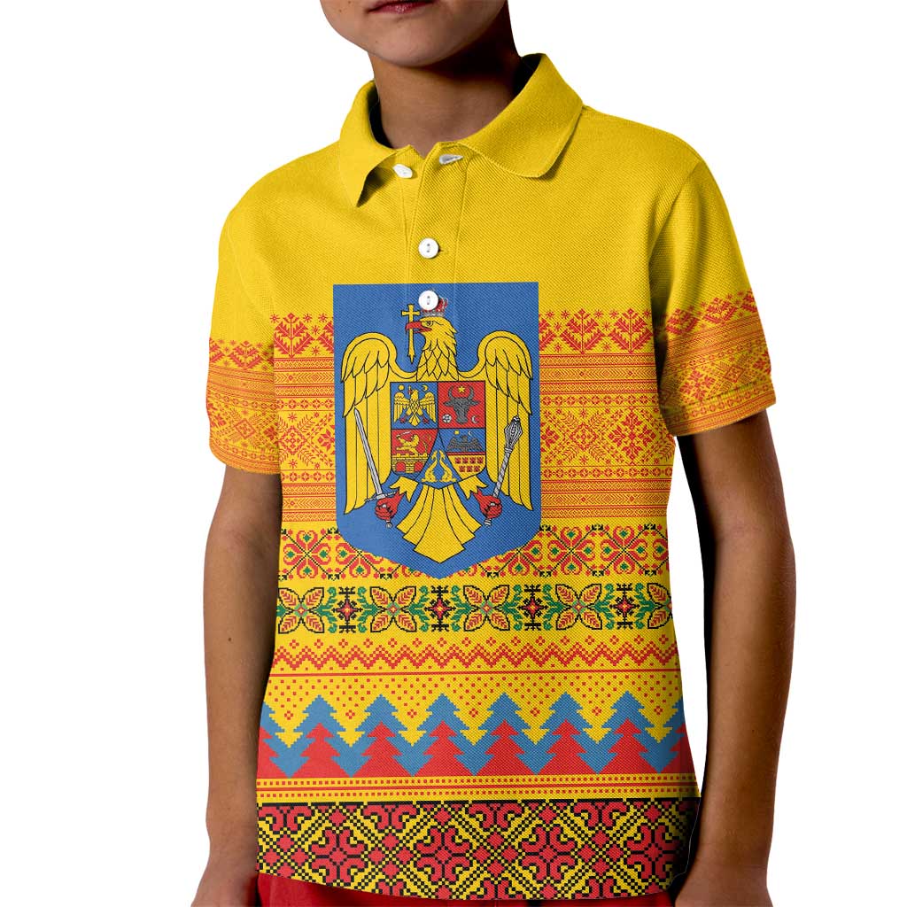 Romania Merry Christmas Kid Polo Shirt Romania Emblem Traditional Folk Art - Polynesian Pride