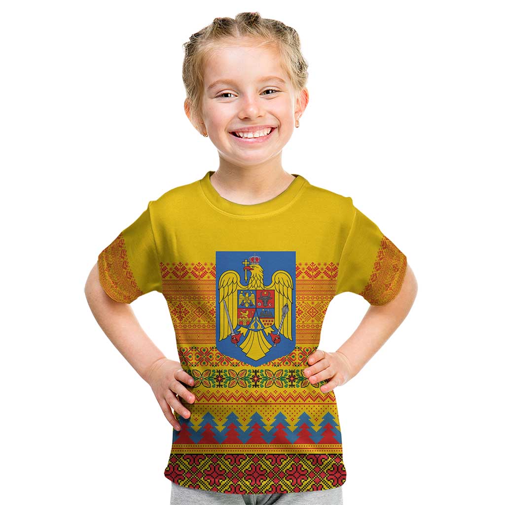 Romania Merry Christmas Kid T Shirt Romania Emblem Traditional Folk Art - Polynesian Pride