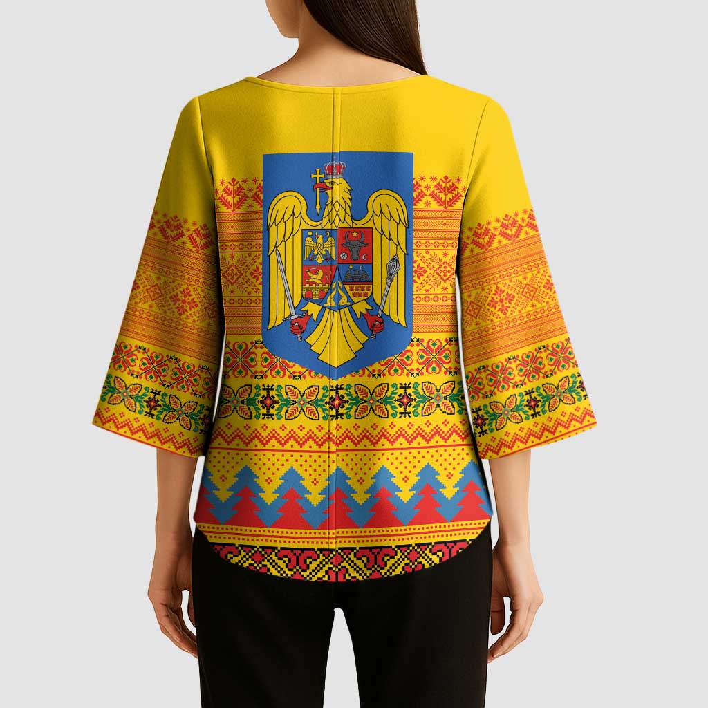 Romania Merry Christmas Kimono Sleeve Blouse Romania Emblem Traditional Folk Art - Polynesian Pride