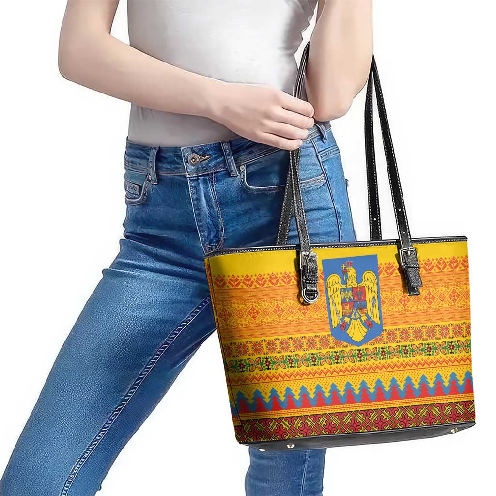 Romania Merry Christmas Leather Tote Bag Romania Emblem Traditional Folk Art - Polynesian Pride