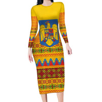 Romania Merry Christmas Long Sleeve Bodycon Dress Romania Emblem Traditional Folk Art - Polynesian Pride