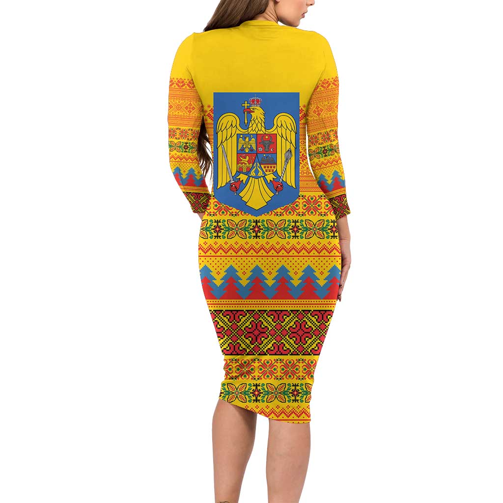 Romania Merry Christmas Long Sleeve Bodycon Dress Romania Emblem Traditional Folk Art - Polynesian Pride