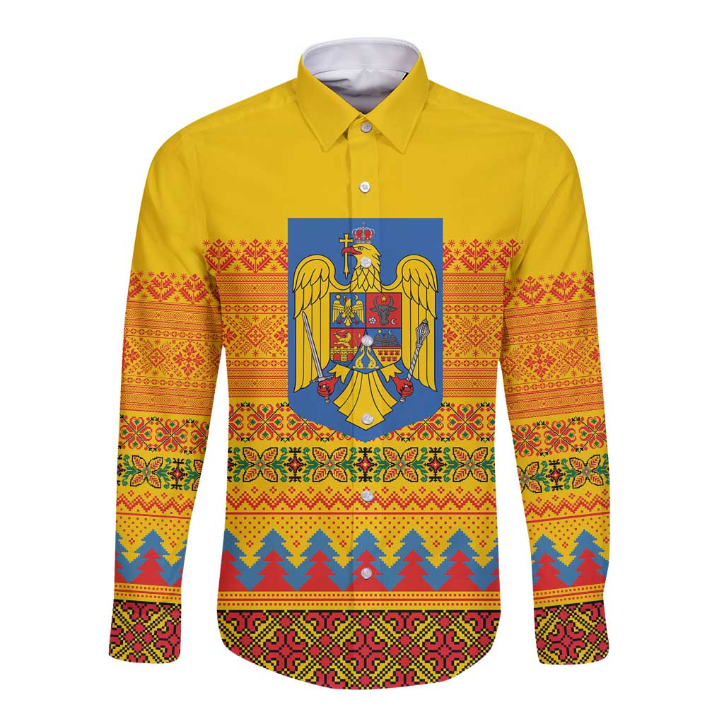 Romania Merry Christmas Long Sleeve Button Shirt Romania Emblem Traditional Folk Art - Polynesian Pride