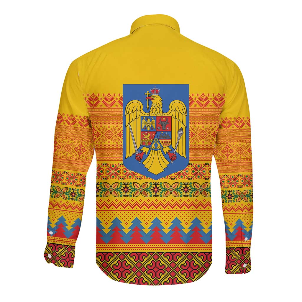 Romania Merry Christmas Long Sleeve Button Shirt Romania Emblem Traditional Folk Art - Polynesian Pride