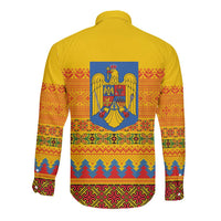 Romania Merry Christmas Long Sleeve Button Shirt Romania Emblem Traditional Folk Art - Polynesian Pride