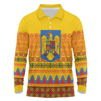 Romania Merry Christmas Long Sleeve Polo Shirt Romania Emblem Traditional Folk Art - Polynesian Pride