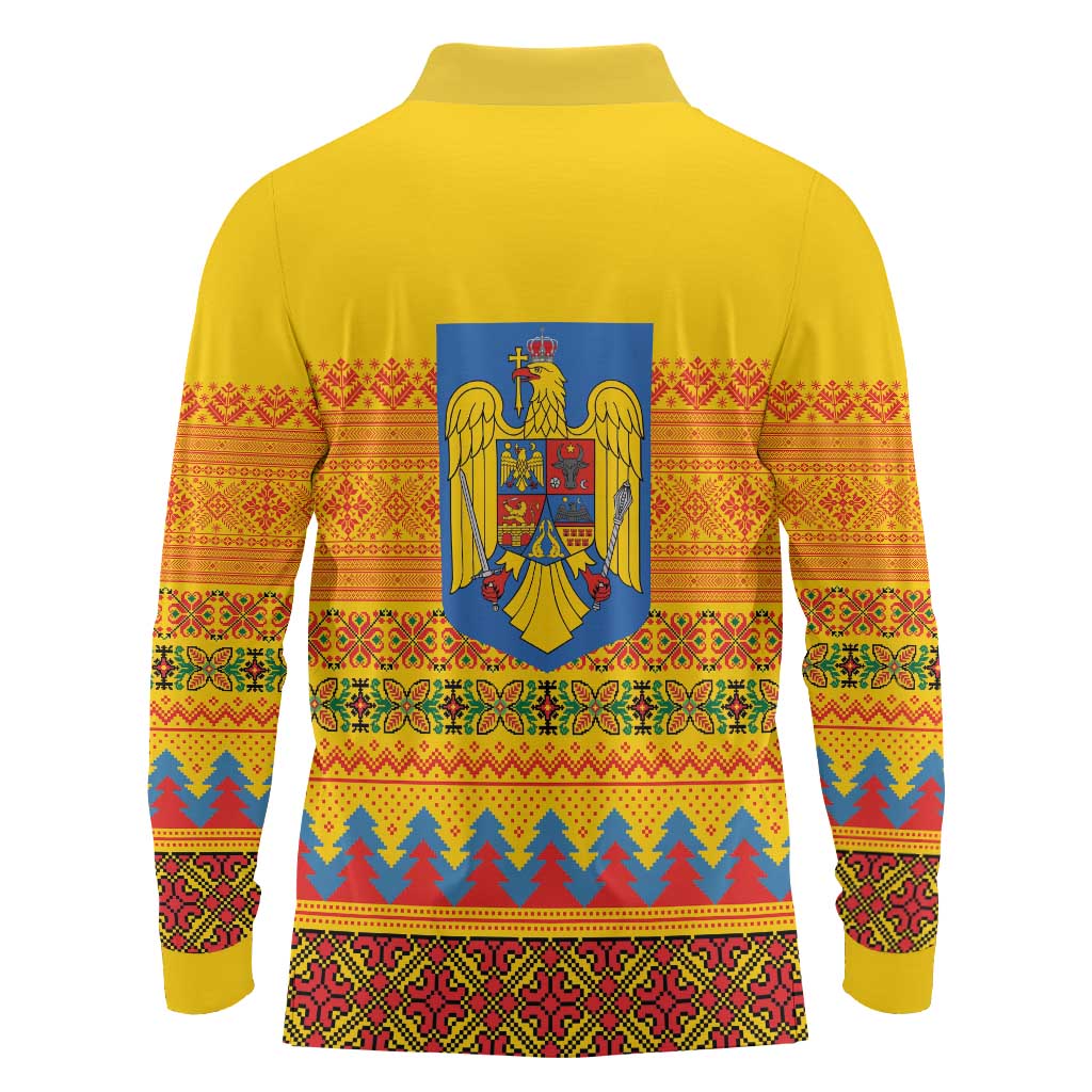 Romania Merry Christmas Long Sleeve Polo Shirt Romania Emblem Traditional Folk Art - Polynesian Pride