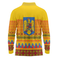 Romania Merry Christmas Long Sleeve Polo Shirt Romania Emblem Traditional Folk Art - Polynesian Pride