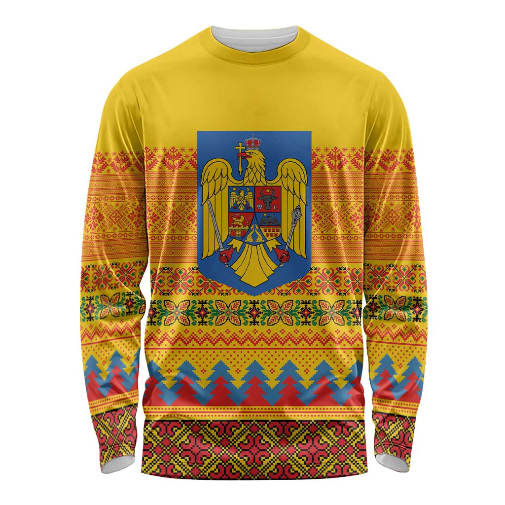 Romania Merry Christmas Long Sleeve Shirt Romania Emblem Traditional Folk Art - Polynesian Pride