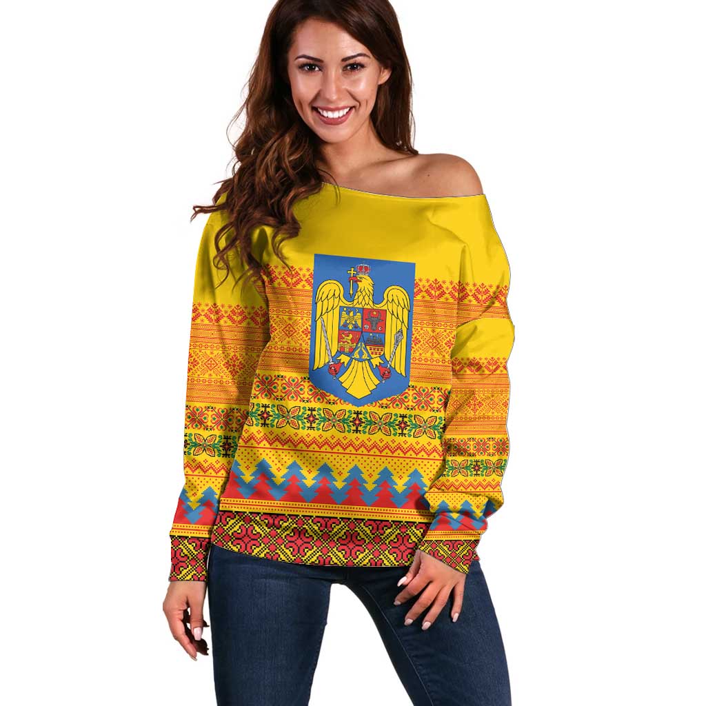 Romania Merry Christmas Off Shoulder Sweater Romania Emblem Traditional Folk Art - Polynesian Pride