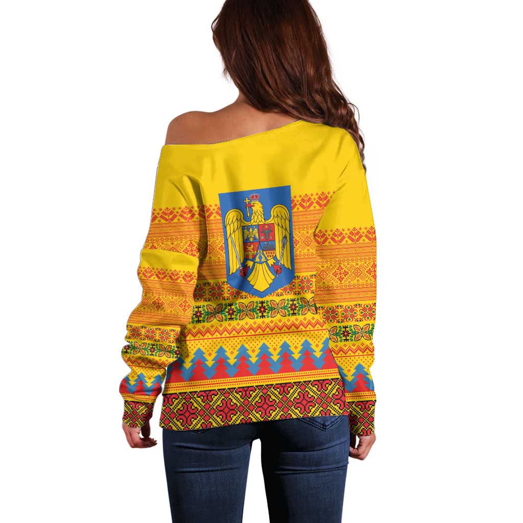 Romania Merry Christmas Off Shoulder Sweater Romania Emblem Traditional Folk Art - Polynesian Pride