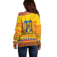 Romania Merry Christmas Off Shoulder Sweater Romania Emblem Traditional Folk Art - Polynesian Pride