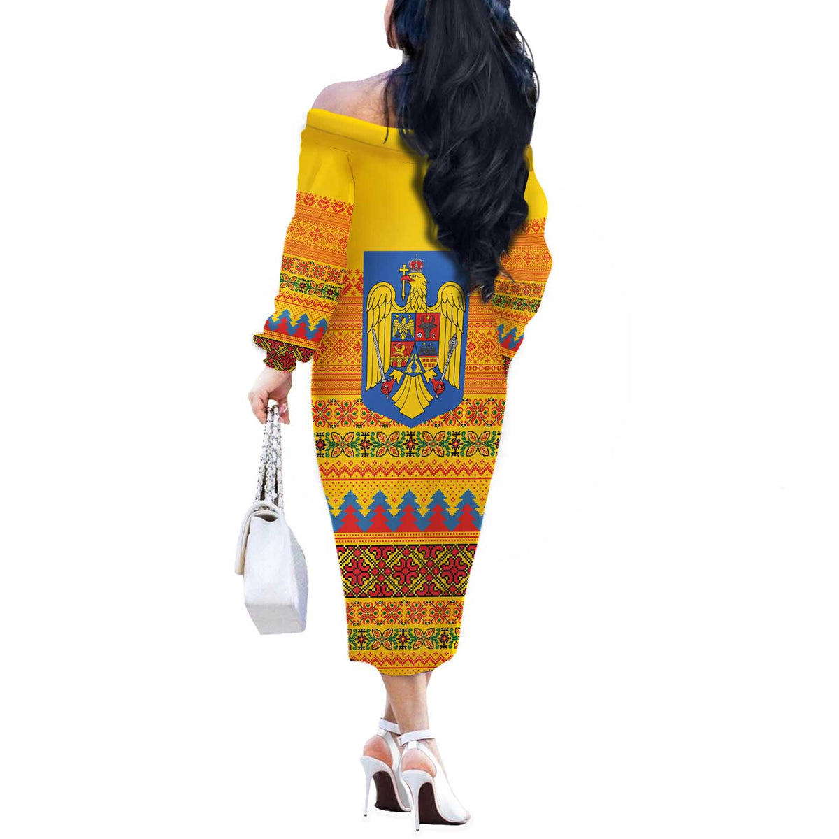 Romania Merry Christmas Off The Shoulder Long Sleeve Dress Romania Emblem Traditional Folk Art - Polynesian Pride